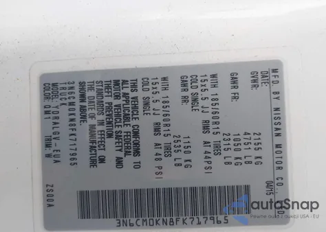 2015 Nissan Nv200 Sv z USA, uszkodzony, nr VIN 3N6CM0KN8FK717965